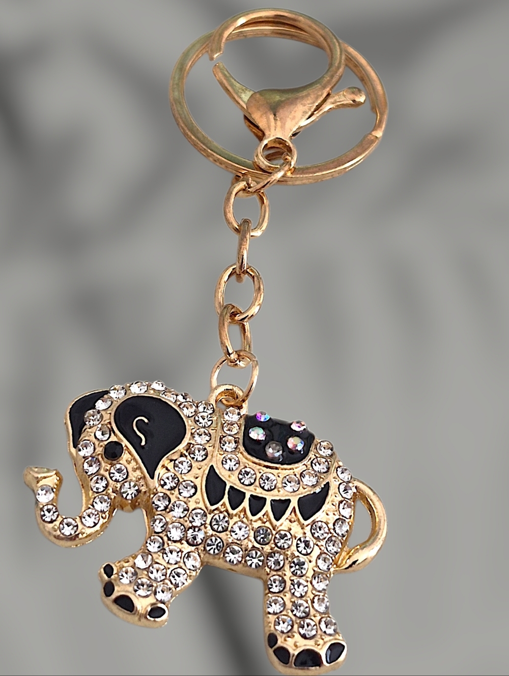 Jeweled Elephant Bag Charm / Keychain with Black Enamel Accents